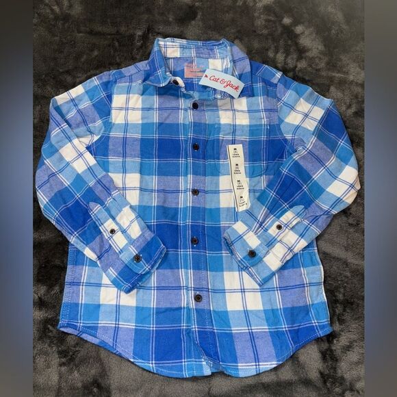 Nwt blue and white boys size 8 cat & jack plaid button up shirt - Picture 1 of 1